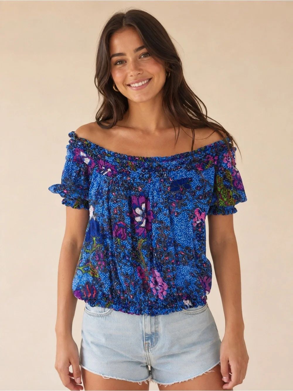 FREE PEOPLE FP One SUKI TOP OFF SHOULDER FLORAL Blue Medium Elastic Stretch